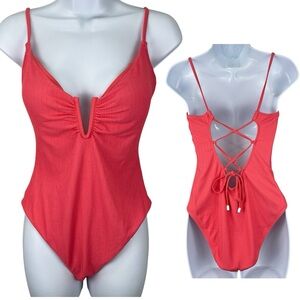 Sanctuary Womens One Piece Lace Up Back Ribbed Swimsuit Bathing Suit Size Large